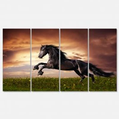 Black Friesian Horse Gallop Canvas Wall Art