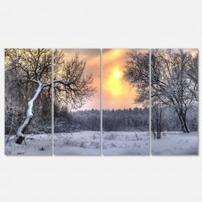 Winter Landscape with Yellow Sun Canvas Wall Art