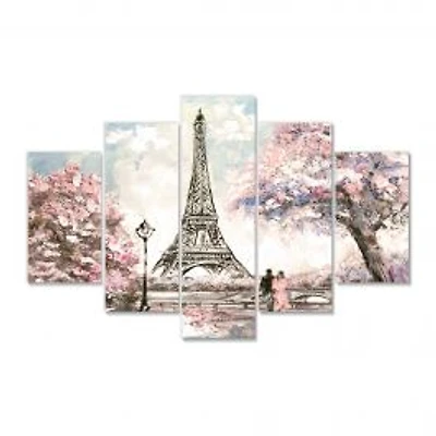 Eiffel with Pink Flowers Wall Artwork Print on Canvas Panels