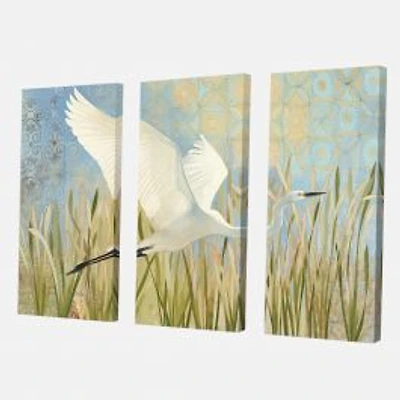 Snowy Egret in Flight vII Canvas Wall Art - 3 Panels