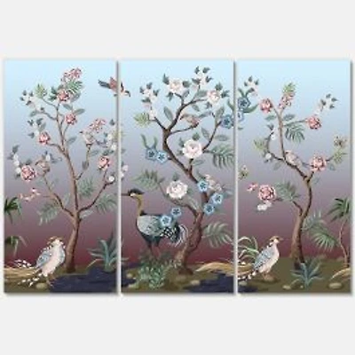 Chinoiserie with Birds and Peonies XI Canvas Wall Art - 3 Panels
