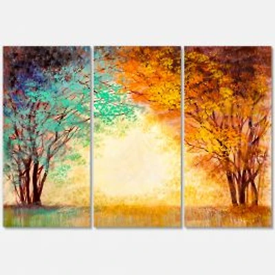 Alley Through The Park in Autumn Sunset Canvas Wall Art - 3 Panels