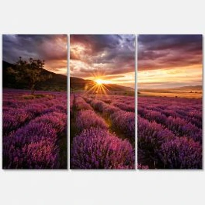 Sunrise & Dramatic Clouds Over Lavender Field IV Canvas Wall Art - 3 Panels