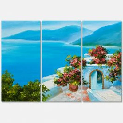 House Near The Sea Colorful Flowers I Canvas Wall Art - 3 Panels