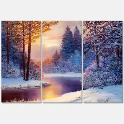 Winding River with Dark Blue Silhouettes of Trees Canvas Wall Art