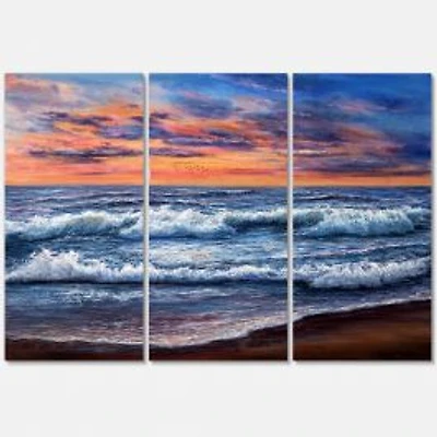 Sunset Over The Blue Ocean II Canvas Wall Art - 3 Panneaux