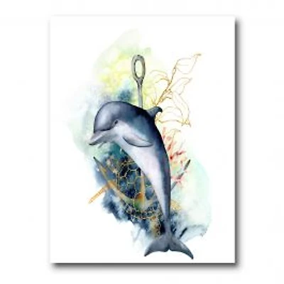 Dolphin Turtle Anchor & Linear Coral Reef Plants Canvas Wall Art Print