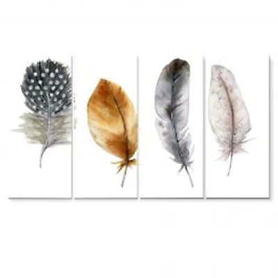 Boho Feather in Orange & Blue Striped & Polka Dots Canvas Wall Art Print Panels