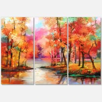 Colorful Autumn Trees by The Lake in Autumn Canvas Wall Art Print