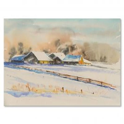 Small VIllage At Sunset Covered with Snow Canvas Wall Art Print