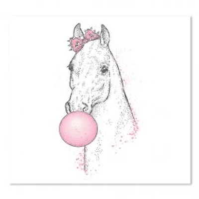 White Horse with Pink Bubble Gum Canvas Wall Art Print