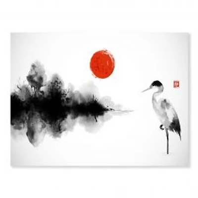 Japanese Red Sun on Misty Island with Forest Trees Canvas Wall Art Print