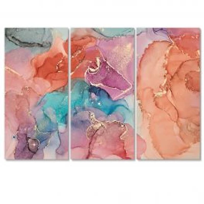 Turquoise and Brown 3 Pieces Luxury Abstract Fluid Art II Canvas Wall Art Print