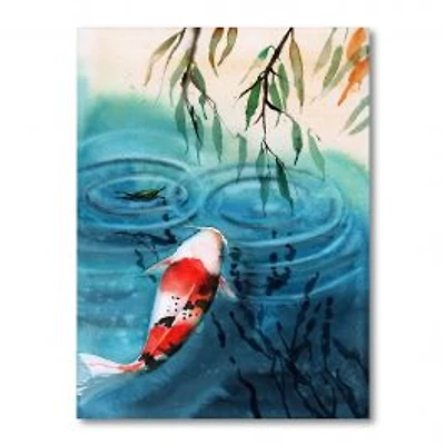 Illustration of Red Japanese Koi Carp in Blue Lake Canvas Wall Art Print