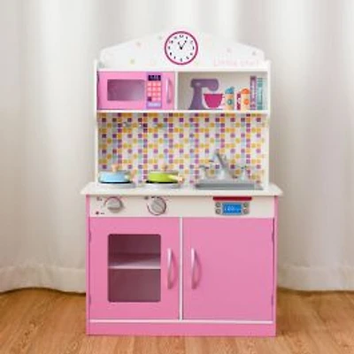 Kids Wooden Pretend Cooking Playset Cookware Play Set Kitchen Toys Toddler Gift - Pink