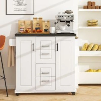 Rolling Kitchen Island Cart on Wheels, Storage Cabinets - White
