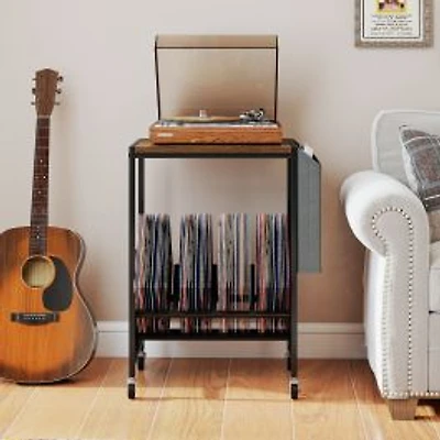 Rolling Record Player Stand 2-Tier, Vinyl Storage and Magazine Holder Bag - Rustic Brown