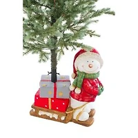 Red Plaster Fiberglass Snowman Christmas Tree Stand with Sled
