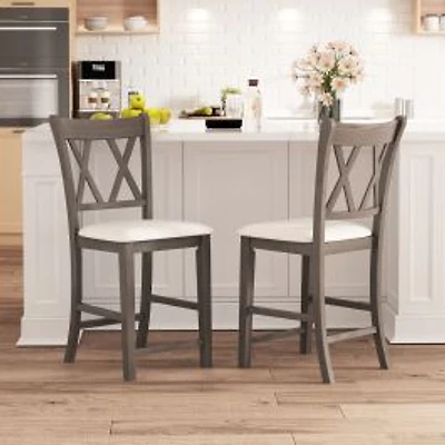 Set of 2 Bar Stools, Cross Back and Linen Fabric Upholstered Seat - Beige