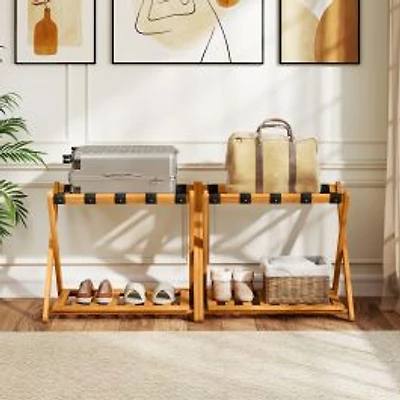 Set of 2 Folding Luggage Racks, 5 Nylon Straps and Slatted Storage Shelf