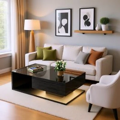 Modern High-Gloss Coffee Table with Glass Top and LED Lighting