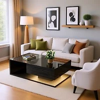 Table basse moderne laquée haute brillance avec dessus en verre et éclairage DEL