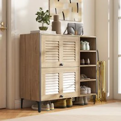 Meuble à chaussures, portes rabattables transparentes et étagères réglables - chêne