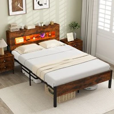 Slatted Full Bed Frame, LED Lights and Storage Headboard No Box Spring Needed - Full Size
