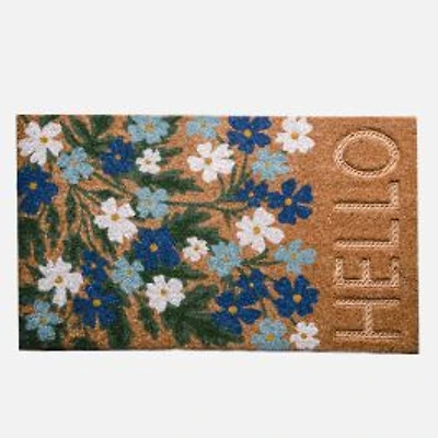 Coir Mat - Hello, Blue & White Blooms
