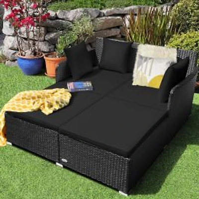 Spacious Outdoor Rattan Daybed, Upholstered Cushions and Pillows - Black