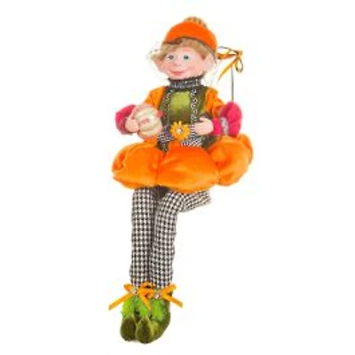 Sitting Velveteen Orange and Green Cotton Impish Elf Doll Pumpkin Suit