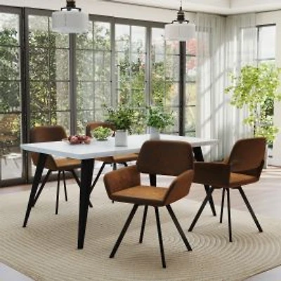 Marble Finish Dining Set with Brown Swivel Chairs, Set of 5