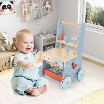2-in-1 Toddler Wooden Baby Push Walker, Multi-Activity Center