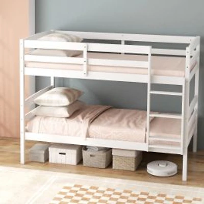 Solid Wood Twin Over Twin Bunk Bed Frame, High Guardrails and Integrated Ladder - White