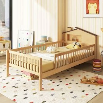 Twin Size Kids Montessori Bed, House-Shaped Headboard and Built-in Storage Shelf