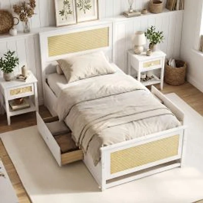 Twin Size Rattan Bed Frame, Storage Drawers - White