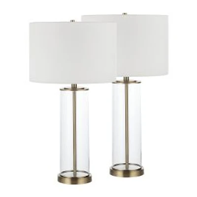 Saco 28" Tall Satin Brass Glass Table Lamp with Drum Linen Shade (Set of 2)