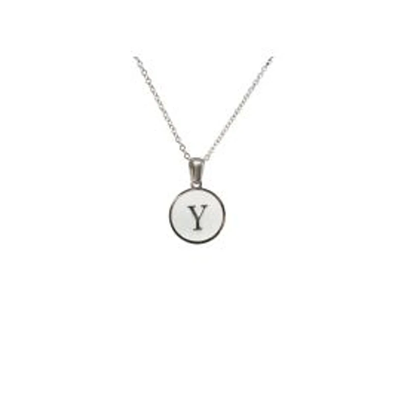 Luenzo Stainless Steel Initial Necklace "Y" with Mother of Pearl Inlay