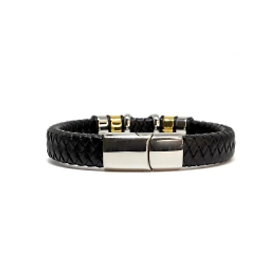 Luenzo Black Genuine Leather Bracelet with Stainless Steel X Accent