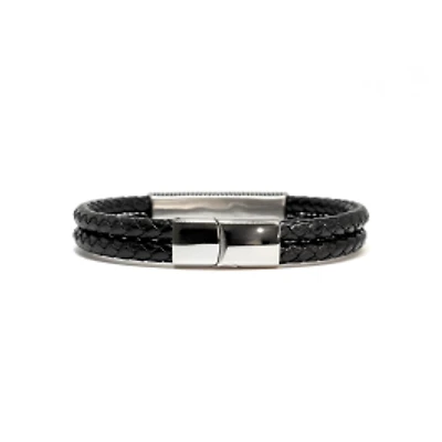 Luenzo Black Genuine Leather Bracelet with Stainless Steel ID Accent