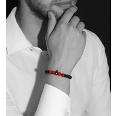 Luenzo Black Onyx and Red/Black Jade with Gunmetal Skull Bracelet