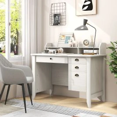 Vintage Computer Desk, Storage Shelves and 4 Drawers - White