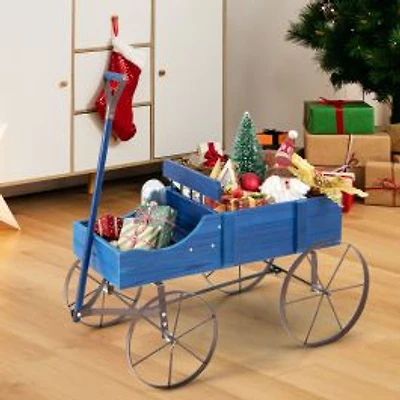 Wooden Wagon Plant Bed, Metal Wheels for Garden