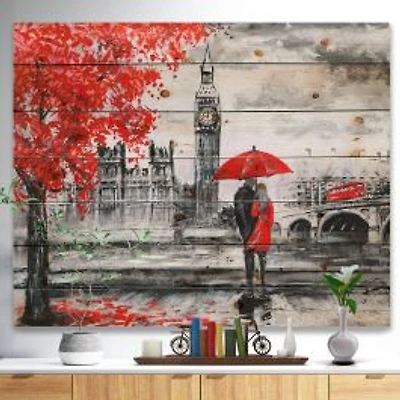Couples Walking in London Wood Wall Art