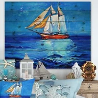 Sailboat Arriving In Blue Sky Wood Wall Art