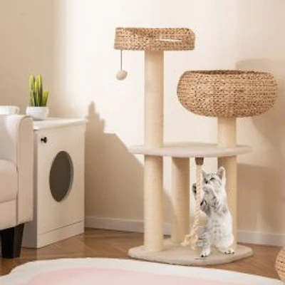 41" Rattan Cat Tree, Napping Perch - White