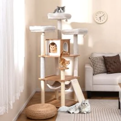 68" Tall Cat Tree, 3 Padded Perches Condo and Sisal Scratching Posts - Natural