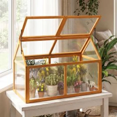 Wood Cold Frame Greenhouse Raised Flower Planter Protection, Adjustable Roof - Orange