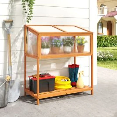 Wood Cold Frame Greenhouse, Transparent Openable Roof and Slatted Storage Shelf - Orange
