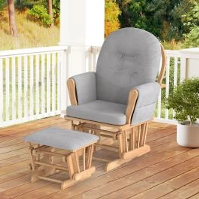 Wood Glider and Ottoman Set, Padded Armrests and Detachable Cushion - Natural